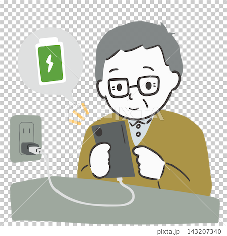 コンセントからスマホを充電するシニア男性のイラスト 143207340