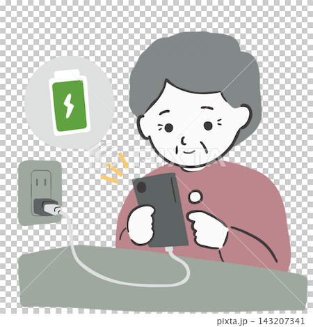一位老年婦女正在用電源插座為智慧型手機充電的插圖。 143207341
