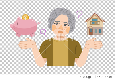 一幅老婦人思考生活成本的插圖。 一幅老婦人思考生活成本的插圖。 143207736
