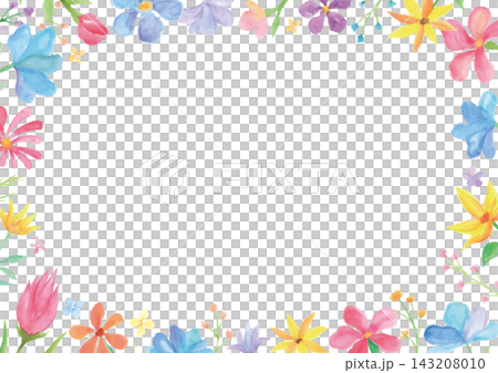 A frame surrounded by watercolor-painted flowers and small blossoms in various colors. A frame surrounded by watercolor-painted flowers and small blossoms in various colors. 143208010