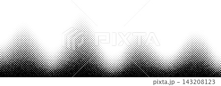Halftone dissolving gradient wave background. Abstract curvy disappearing comic pop art texture. Curved gradation wallpaper. Retro dotted manga or anime style transition overlay. Vector backdrop 143208123