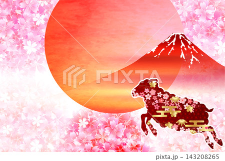 富士山と桜の花が美しい伝統的な和風デザインのグリーティングカード 143208265