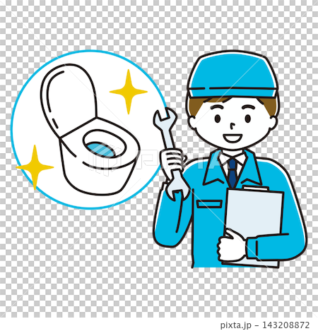 水回りのトラブルを予防・解決する作業服の男性のイラスト トイレ 水回りのトラブルを予防・解決する作業服の男性のイラスト トイレ 143208872