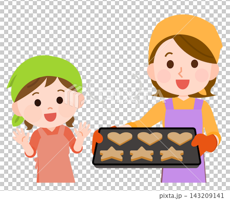 Cookie Making 3: Parent and child taking baked cookies out of the oven (illustration) 143209141