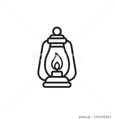 Minimalist line art icon of a classic vintage oil lantern lamp with flame.  143209261