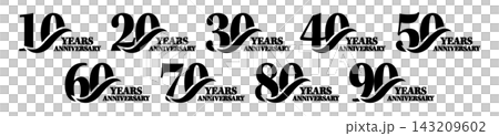 Simple anniversary logo set for 10th to 90th anniversaries: Monochrome anniversary designs Simple anniversary logo set for 10th to 90th anniversaries: Monochrome anniversary designs 143209602