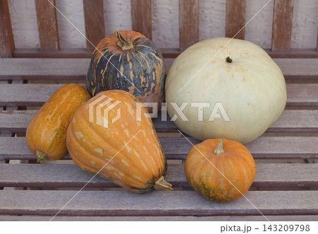 pumpkins on wooden background 143209798