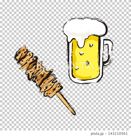 生啤酒和烤雞皮串的插圖 143210561
