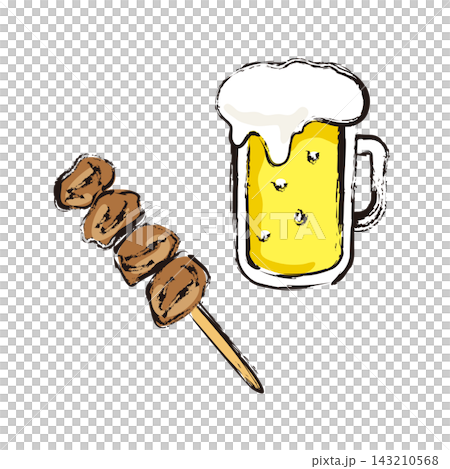 Illustration of draft beer and grilled chicken heart skewers Illustration of draft beer and grilled chicken heart skewers 143210568