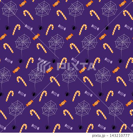 Halloween Seamless Pattern with spiders, cobwebs, candy canes and colorful sweets on purple Backdrop. Vector illustration for gift wrapping, fabric print, festive packaging, stationery and party decor Halloween Seamless Pattern with spiders, cobwebs, candy canes and colorful sweets on purple Backdrop. Vector illustration for gift wrapping, fabric print, festive packaging, stationery and party decor 143210777