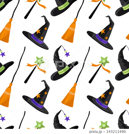 Halloween seamless pattern with witch hats broomsticks and magic wands on white background Halloween seamless pattern with witch hats broomsticks and magic wands on white background 143211490