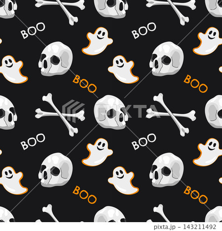 Seamless Halloween pattern with human skulls crossbones ghosts and boo text on black background Seamless Halloween pattern with human skulls crossbones ghosts and boo text on black background 143211492