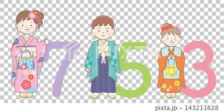 身著和服的孩子們慶祝七五三節(日本傳統的兒童成年禮)-橫幅 身著和服的孩子們慶祝七五三節(日本傳統的兒童成年禮)-橫幅 143211628