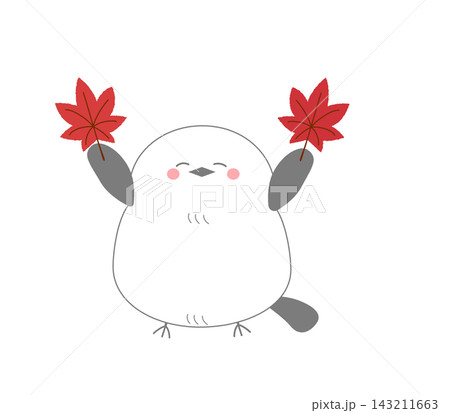モミジを持つ笑顔のシマエナガの可愛いイラスト 143211663