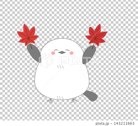モミジを持つ笑顔のシマエナガの可愛いイラスト 143211663