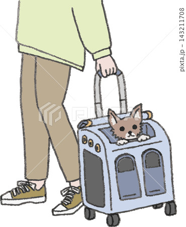 キャリーバッグで小型犬を移動させる人の手元フルカラーイラスト 手書き風デフォルメ（ペットキャリー・通 143211708