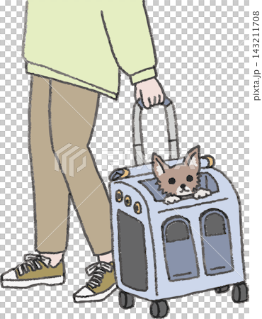 キャリーバッグで小型犬を移動させる人の手元フルカラーイラスト 手書き風デフォルメ（ペットキャリー・通 143211708