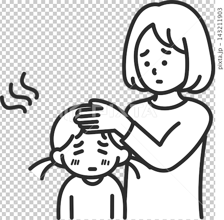 母親照顧發燒女兒的插圖（僅限線條畫） 143211903