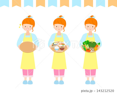 籠に入った野菜と料理を持った若い女性 籠に入った野菜と料理を持った若い女性 143212520