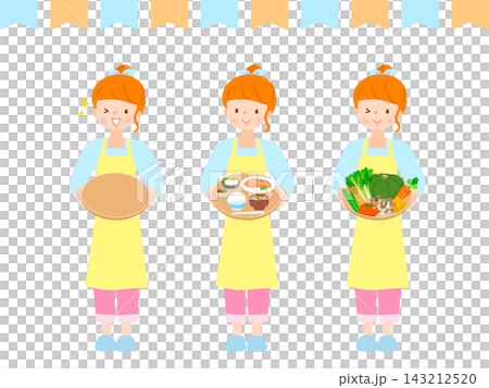 籠に入った野菜と料理を持った若い女性 籠に入った野菜と料理を持った若い女性 143212520