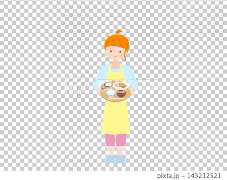 食事を運ぶエプロン姿の若い女性 143212521