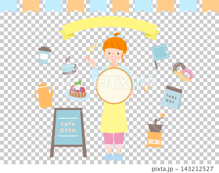 エプロン姿の笑顔の女性とカフェセット エプロン姿の笑顔の女性とカフェセット 143212527