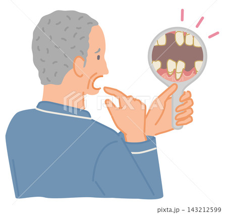 自分の歯が抜けて少なくなったことに驚くシニア男性の口腔トラブルのイラスト 143212599