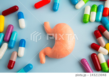 Stomach human model with pill drug treatment. 143213048