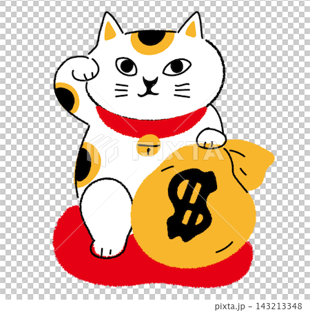 A beckoning cat holding a money bag A beckoning cat holding a money bag 143213348