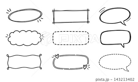 Hand drawn decorative frame and label collection with oval, rectangular, cloud, speech bubble and dashed border designs, isolated on white background. Hand drawn decorative frame and label collection with oval, rectangular, cloud, speech bubble and dashed border designs, isolated on white background. 143213402
