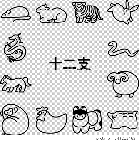 一組可愛的單色插圖,描繪了中國十二生肖動物。 一組可愛的單色插圖,描繪了中國十二生肖動物。 143213465