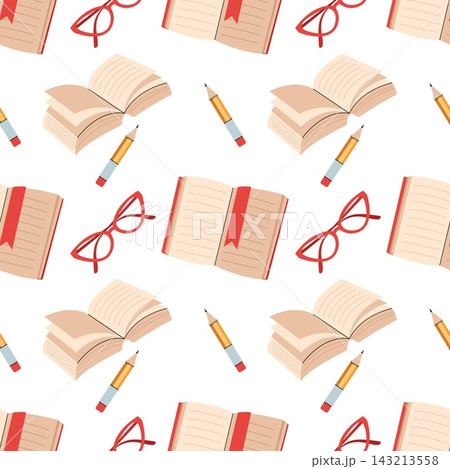 Seamless pattern with open books pencils and eyeglasses back to school backgroun 143213558