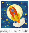 Cartoon rocket flying on the background of the moon and the starry sky 143213686