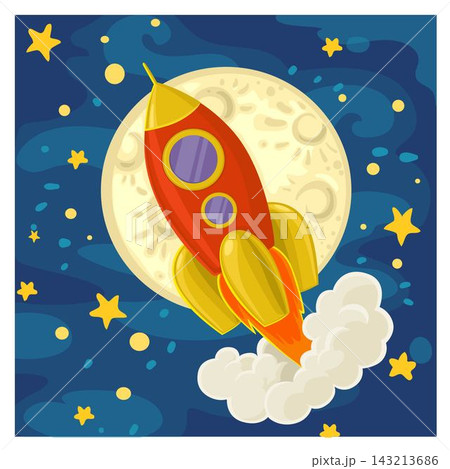 Cartoon rocket flying on the background of the moon and the starry sky 143213686