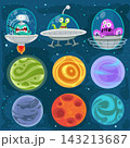Cartoon aliens in spaceships, set of planets in space background 143213687