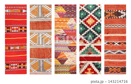 Set of vertical or horizontal banners with textures of berber traditional wool carpet with geometric pattern, Morocco, Africa. Handmade carpets collection. Oriental wool rugs with intricate designs Set of vertical or horizontal banners with textures of berber traditional wool carpet with geometric pattern, Morocco, Africa. Handmade carpets collection. Oriental wool rugs with intricate designs 143214716