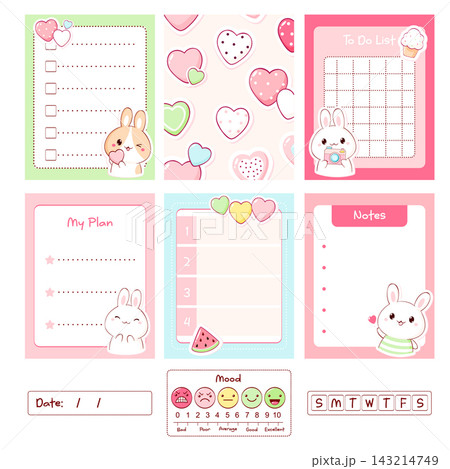 Kawaii bunny planner, notepad template collection. Cute vector kit of daily agendas, to-do list, checklist, notes, sticker. Perfect set for stationery design, bullet journal, printable organizer 143214749