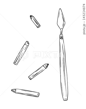 Hand drawn palette knife with oil pastels or wax crayons. Monochrome black and white ink illustration, vintage line art style, isolated on white. Great for logos, labels, cards and packaging. 143214874