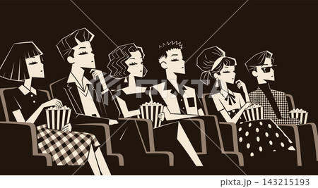 People watching movie in cinema vector illustration. Stylized retro characters sitting in movie theater rows with popcorn buckets. 1950s rockabilly or 1960s mod style audience watching premiere show c People watching movie in cinema vector illustration. Stylized retro characters sitting in movie theater rows with popcorn buckets. 1950s rockabilly or 1960s mod style audience watching premiere show c 143215193