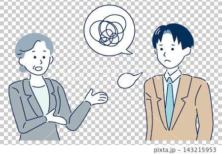 部下に説明がうまく伝わらず困るシニア女性上司のイラスト 143215953