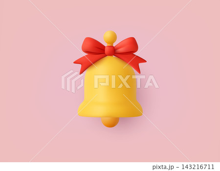 Bright 3D Christmas bell with red ribbon on soft pink background. Perfect for festive promotions, seasonal greeting cards and holiday marketing materials. 3D vector web illustration. Bright 3D Christmas bell with red ribbon on soft pink background. Perfect for festive promotions, seasonal greeting cards and holiday marketing materials. 3D vector web illustration. 143216711