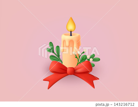 Warm 3D Christmas candle with red bow and green branches, glowing on pink background. Ideal for winter greeting cards, festive branding and holiday marketing designs. 3D vector illustration. 143216712