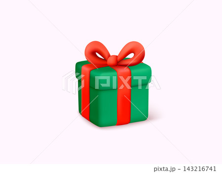 Soft 3D Christmas present wrapped in green paper with red ribbon. Perfect for festive promotions, winter branding, holiday ads and seasonal product marketing. 143216741