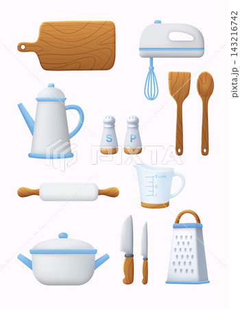 Collection of 3D kitchen tools including knives, cutting board, mixer, pot and utensils. Ideal for cooking blogs, food branding, culinary apps and recipe design. 3D vector illustration. Collection of 3D kitchen tools including knives, cutting board, mixer, pot and utensils. Ideal for cooking blogs, food branding, culinary apps and recipe design. 3D vector illustration. 143216742