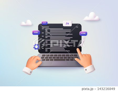 Coding and software development concept. Laptop with programming languages -  HTML, CSS, JavaScript. 3D Vector Web Illustration. 143216849