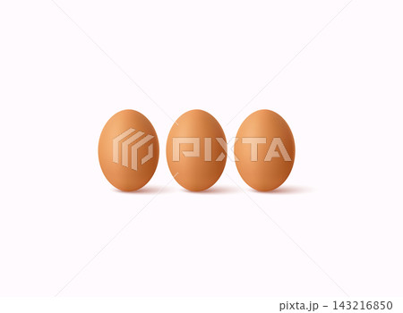 Three brown eggs isolated on pastel background. Natural food and healthy breakfast concept. 3D Realistic Vector Illustration. Three brown eggs isolated on pastel background. Natural food and healthy breakfast concept. 3D Realistic Vector Illustration. 143216850