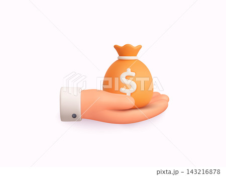 Hand holding a money bag. Financial support, salary, investment and savings concept. 3D Vector Web Illustration. Hand holding a money bag. Financial support, salary, investment and savings concept. 3D Vector Web Illustration. 143216878