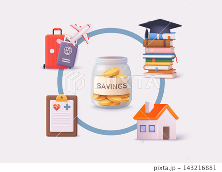 Financial savings concept with coins, jar and life goals icons - home, travel, education, health. Budget planning.  Vector Web Illustration. 143216881