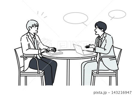 ビジネスの商談や打ち合わせで会話・相談をするスーツ姿の男女のイラスト素材 ビジネスの商談や打ち合わせで会話・相談をするスーツ姿の男女のイラスト素材 143216947