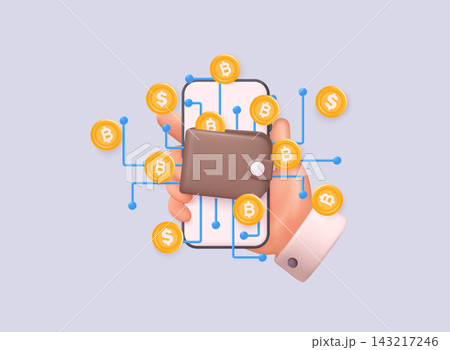 3D illustration of digital wallet on smartphone with bitcoin and dollar coins connected by network lines. Cryptocurrency and fintech concept. 143217246